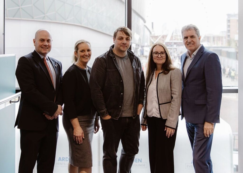 From L R Cllr Liam Robinson Helen Roberts Nathan Spencer Faye Dyer and Mayor Steve Rotheram at Liverpool Experience Campus Credit Jono Symonds Photo Film 1030x736