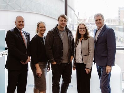 From L R Cllr Liam Robinson Helen Roberts Nathan Spencer Faye Dyer and Mayor Steve Rotheram at Liverpool Experience Campus Credit Jono Symonds Photo Film 1030x736
